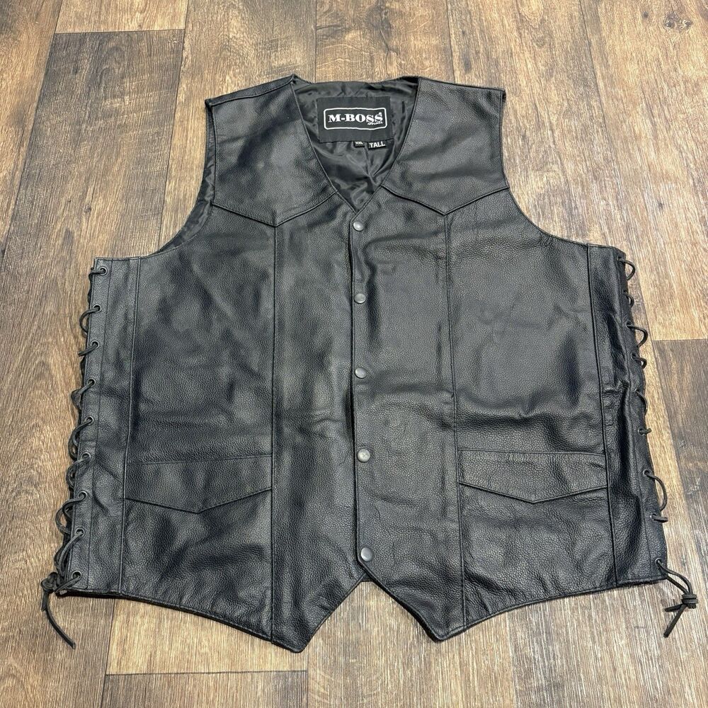 M-BOSS Leather Motorcycle Vest Men’s XXL Tall Black Biker Side Lace Pockets